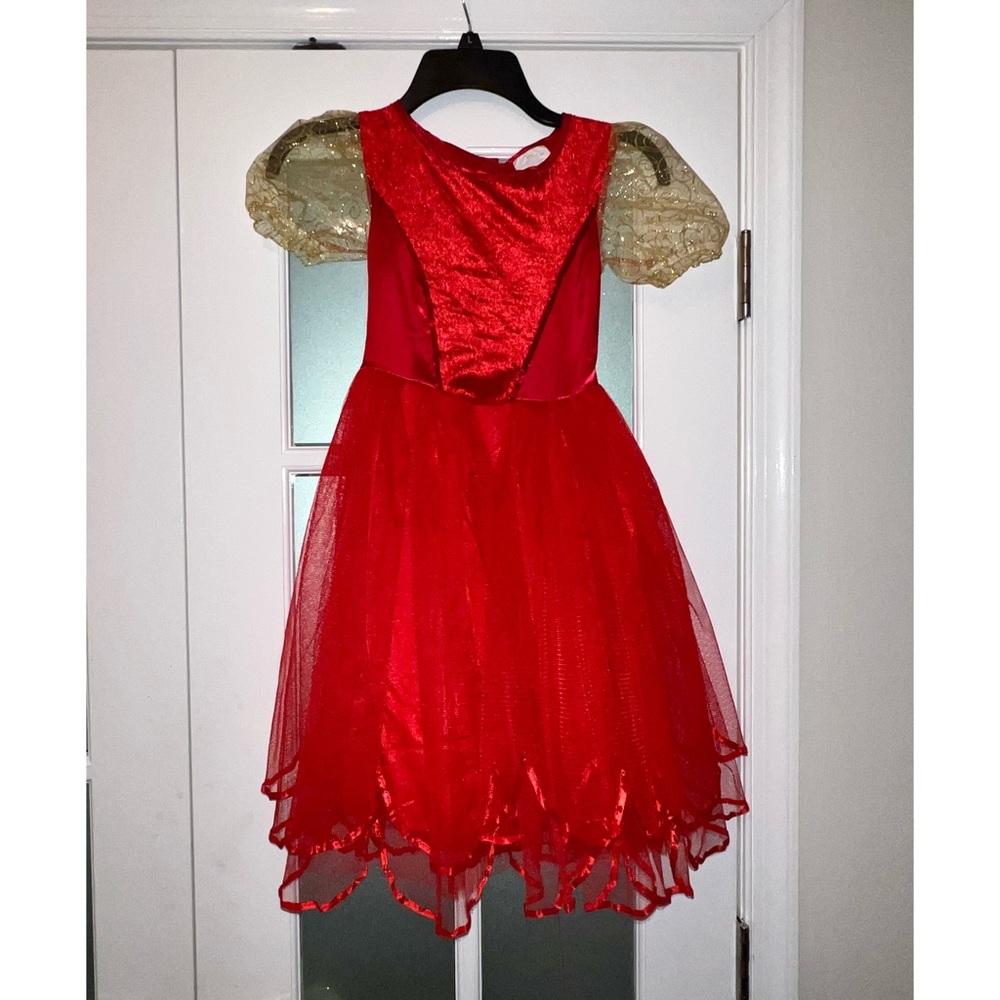 GIRLS RED DRESS-UP DRESS WITH GOLD GLITTERY PUFF SLEEVES ❤️💛✨